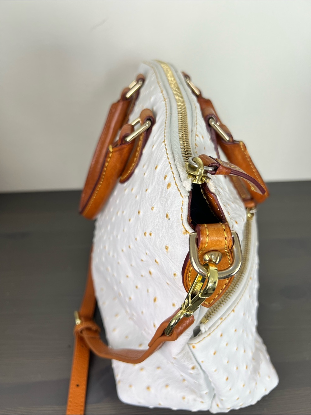 Dooney & Bourke White Ostrich Embossed Leather Satchel Tote Bag - Picture 12 of 16